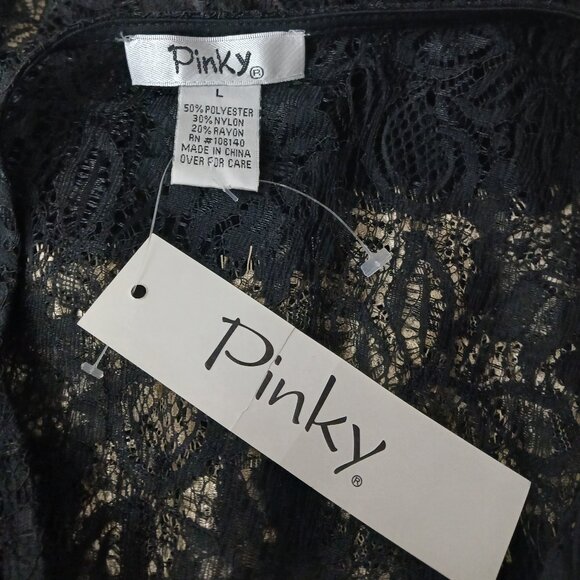NWT Pinky Lace Top L Sheer Black Gold Peplum Side Zip - Picture 9 of 10